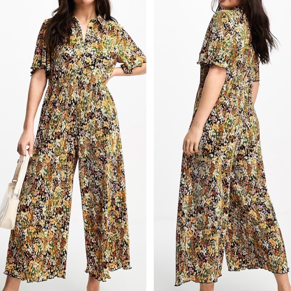 ASOS Plisse Smock Collared Jumpsuit in Ditsy Floral Print